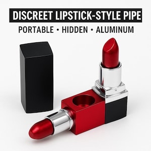 May include: A red and silver lipstick-style pipe with a black cap. The product is made of aluminum and is designed to be portable and hidden. The text on the image reads "DISCREET LIPSTICK-STYLE PIPE PORTABLE • HIDDEN • ALUMINUM."