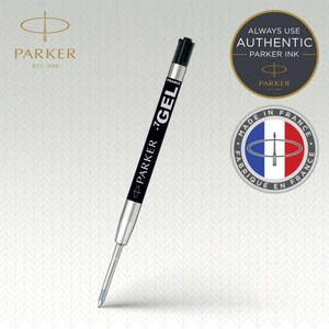 May include: A black and silver Parker gel pen refill with a .7 tip. The refill features the text Parker, .7 GEL, and France printed on the side. It includes a black cap at the top and a metallic tip at the bottom, designed for use with Parker ink.