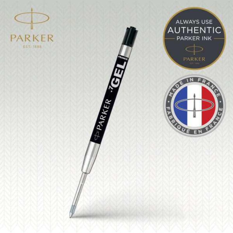 May include: A black and silver Parker gel pen refill with a .7 tip. The refill features the text Parker, .7 GEL, and France printed on the side. It includes a black cap at the top and a metallic tip at the bottom, designed for use with Parker ink.