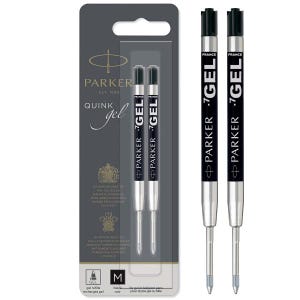May include: Two Parker Quink gel pen refills in black ink with a medium point. The refills are presented in a grey blister pack featuring the Parker logo, royal crests, and text indicating they are made in France for gel or ballpoint pens.