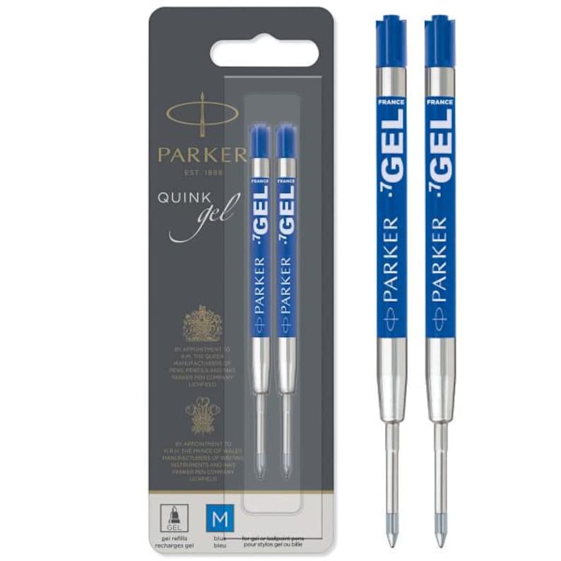 May include: A pack of two Parker Quink gel pen refills in blue ink. The packaging is dark gray with white text, featuring the Parker logo, royal crests, and the letter M indicating a medium point. The refills are silver with blue barrels.