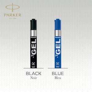 May include: Two Parker gel pen refills, one black and one blue, featuring silver metallic bands and the text 'PARKER', 'FRANCE', and '.7 GEL' printed vertically on the cylindrical bodies, with the words 'BLACK' and 'BLUE' labeled below each.
