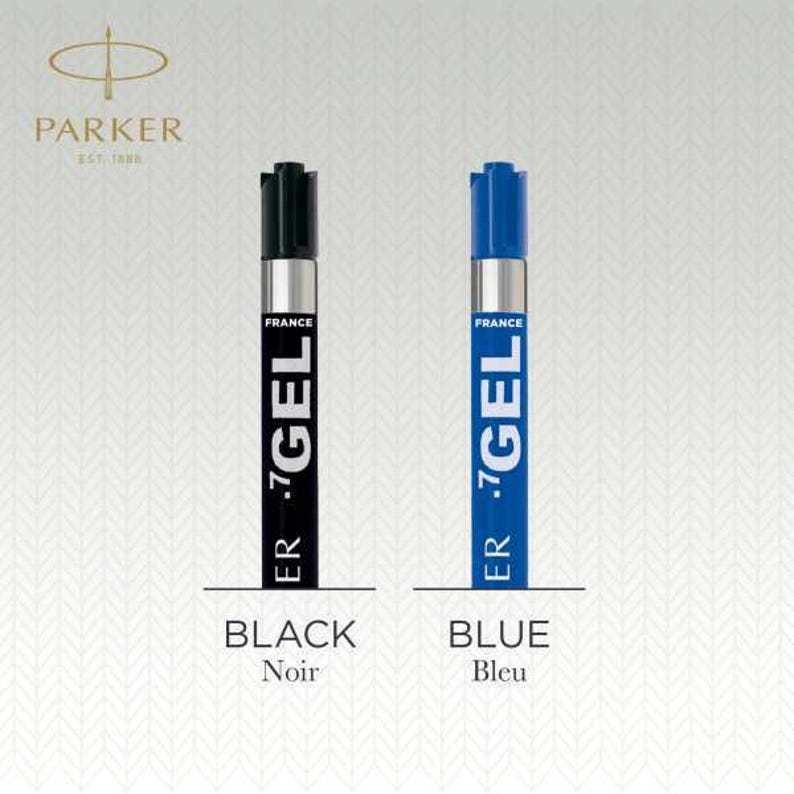 May include: Two Parker gel pen refills, one black and one blue, featuring silver metallic bands and the text 'PARKER', 'FRANCE', and '.7 GEL' printed vertically on the cylindrical bodies, with the words 'BLACK' and 'BLUE' labeled below each.