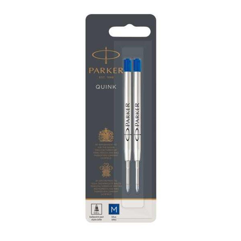 May include: Two silver Parker Quink gel pen refills with blue caps, presented in a dark gray retail blister pack. The packaging features the Parker logo, the text QUINK, and a blue square icon with the letter M indicating a medium point size.