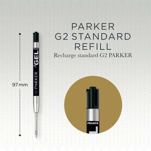 May include: A black and silver Parker G2 gel pen refill measuring 97 mm in length. The refill features the text PARKER G2 STANDARD REFILL and .7 GEL printed on the side, with the word FRANCE visible on the base in a circular inset detail.