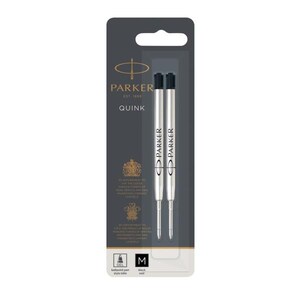 May include: A package containing two silver Parker Quink gel pen refills with black caps. The dark grey packaging features the Parker logo, the text Quink, and a medium point indicator. The refills are metallic with black ink tips and branding.