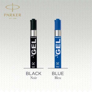 May include: Two Parker gel pen refills, one black and one blue, featuring silver metallic bands and the text 'FRANCE' and '.7 GEL' printed vertically on the barrels. The Parker logo and 'EST 1888' are visible at the top, with 'BLACK' and 'BLUE' labels below.