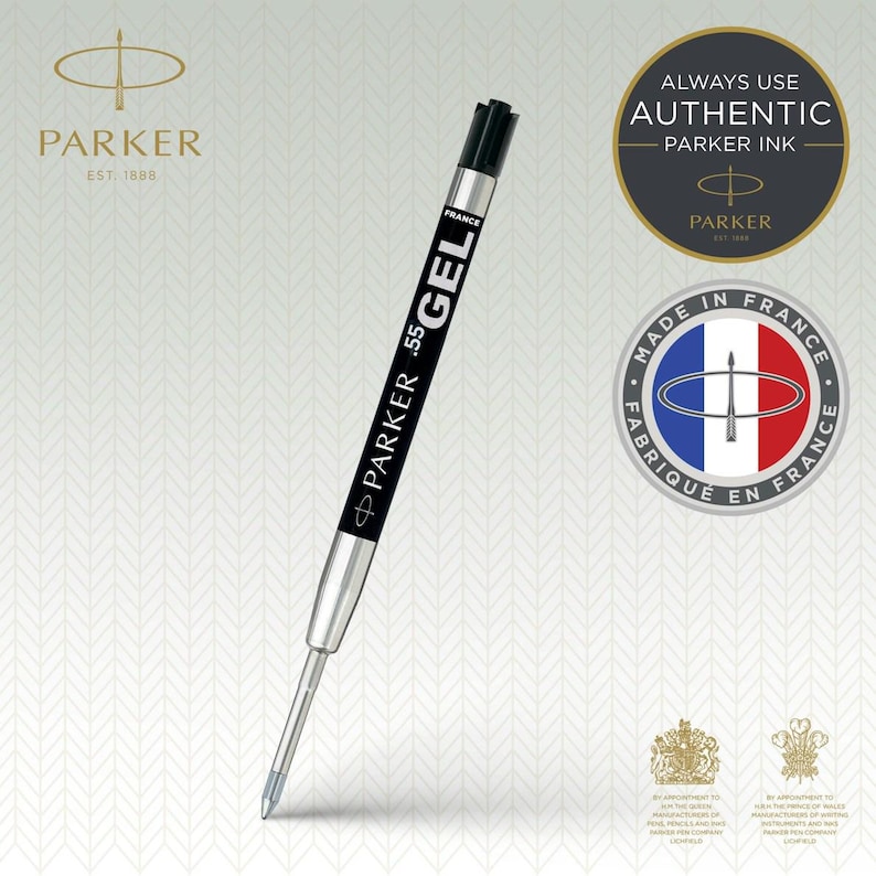 May include: A black and silver Parker .55 gel ink pen refill with a metallic tip and end cap. The body features white text reading PARKER .55 GEL and FRANCE. The design includes the Parker logo and authentic ink branding with French origin.