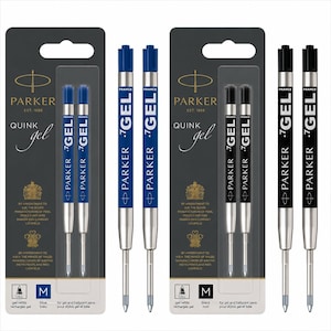 May include: Two blister packs of Parker Quink gel pen refills, one containing two blue ink refills and the other containing two black ink refills. Each refill is labeled with the Parker logo, France, and .7 GEL. The packaging includes the Parker logo.