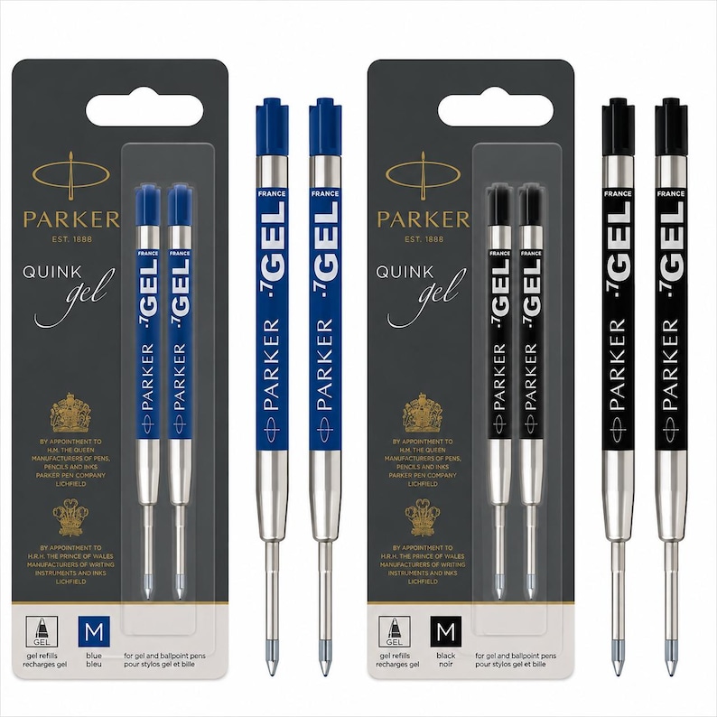 May include: Two blister packs of Parker Quink gel pen refills, one containing two blue ink refills and the other containing two black ink refills. Each refill is labeled with the Parker logo, France, and .7 GEL. The packaging includes the Parker logo.