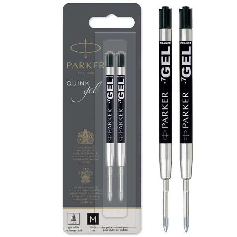 May include: Two Parker Quink gel pen refills in black ink with a 0.7 mm medium point. The refills are presented in a gray blister pack featuring the Parker logo, text, and royal warrant emblems. The ink cartridges are silver with black labeling.