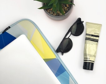 Designer 13” laptop cover / case  Daydreamer design blue and yellow with the flash of pink neoprene