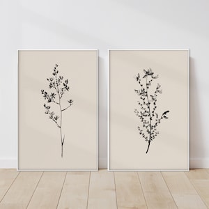 Set of 2 Botanical Digital Prints, Instant Download Wall Art, Leaf Poster, Beige and Black Print Set, Floral Art Print, Minimalist Printable