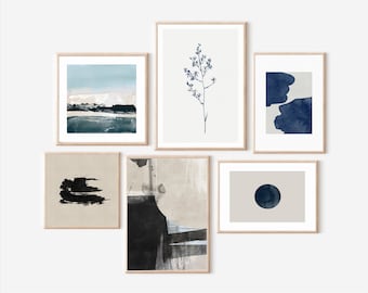 Blue Print Set, Gallery Wall Art Bundle, Modern Abstract Art Prints, Printable Navy Blue Wall Decor, Wall Art Set, Beige Blue Poster Set,