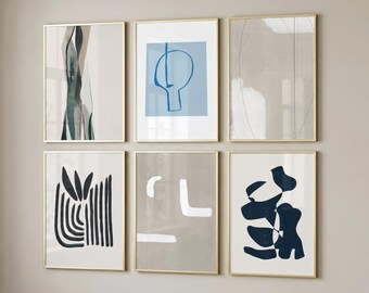 Navy Blue Beige Abstract Art Prints, Modern Gallery Wall Set (Digital Download)