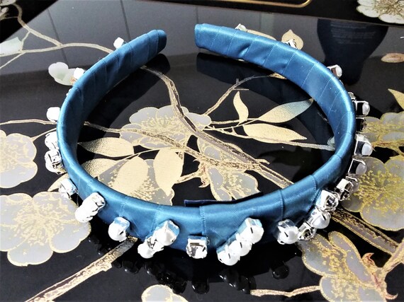 Pale Blue Satin Headband: Crystal & Pearl Embellished Hair  display picture 3
