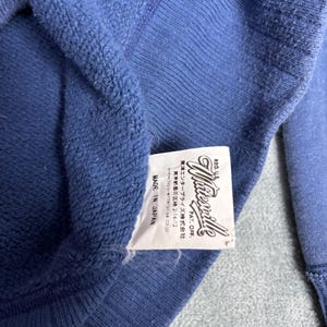 May include: Close-up of a blue sweatshirt with a tag that reads "Wirevale" and "Made in Japan." The tag also includes Japanese text and website information. The sweatshirt has a textured appearance.
