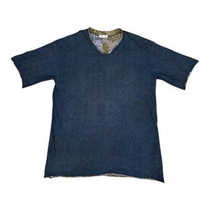 Vintage Comme des Garcons Reversible V-Neck Top, Archive CDG Navy Herringbone Knit Fabric Shirt, Patchwork Floral Pattern Lining, Size M