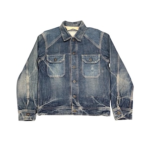 May include: A blue denim jacket with two chest pockets and button fastenings. The jacket features a collared neckline and long sleeves with buttoned cuffs. The denim has a faded, worn appearance.