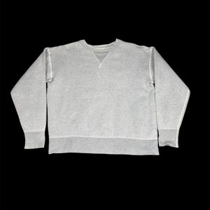 Può includere: Una felpa grigio chiaro girocollo con maniche lunghe. La felpa presenta un design classico con un dettaglio di cucitura a forma di V sullo scollo e polsini e orlo a coste. Il tessuto sembra essere un materiale morbido e strutturato.