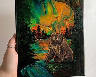 PRINTS 8x10” prints. Fluid art bear northern lights painting. Unique nature home decor. TODRAWATTENTION collaboration.
