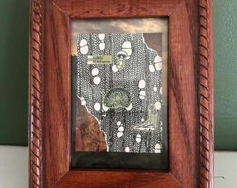 Framed collage art. Mushroom art. Nature inspired. Wood grain. Trippy psychedelic. Mushrooms. Paper art. Trendy. Unique.