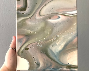 8x10” Original fluid art canvas painting. Acrylic pour abstract home decor. Fine art. Interior design. Soft colors.