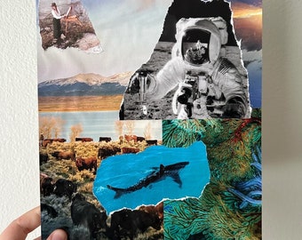 Collage art. Nature inspired. Outerspace, ocean. Cows. Trippy psychedelic art. One of a kind unique. Sharks. Astronaut.