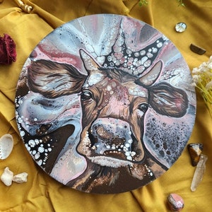 PRINTS. fluid art collaboration painting. Done with Erica Bradshaw todrawattention Chocolate Strawberry cow. Cow painting. Vegan image 2