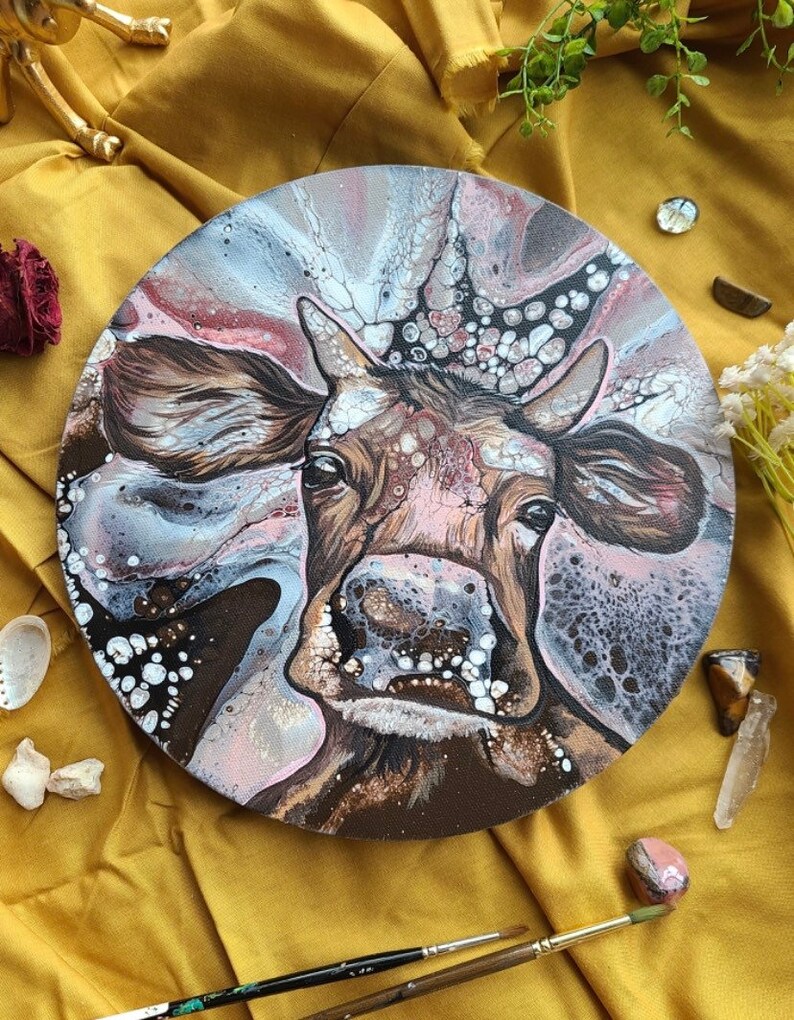 PRINTS. fluid art collaboration painting. Done with Erica Bradshaw todrawattention Chocolate Strawberry cow. Cow painting. Vegan image 2