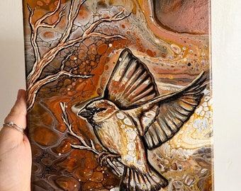 8x10 original fluid art canvas painting. Groovy home decor. Bird painting. TODRAWATTENTION collaboration. Birds