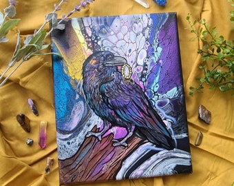 PRINTS 8x10inch “The Raven” fluid art collaboration painting. Done with Erica Bradshaw (@todrawattention) black bird. Crow, bird painting