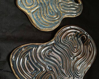 Set of two abstract ceramic wall hangings. One of a kind pottery. Interior design, home decor. Gift ideas. Decor. Blue.