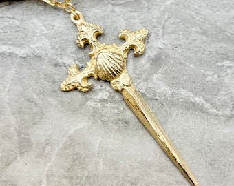 The Camino de Santiago Cross Necklace | The Way of Saint James | Sword Cross Shell | Matte Gold | Antique Replica | Crown of Grace Designs