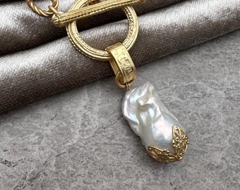 GIANT Large Flame Ball Pearl Necklace | Front Toggle | Chunky Statement | Baroque | Matte Gold Etched Link Chain Non Tarnish
