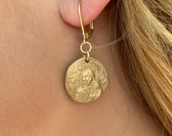 Gold Bronze Earrings | Hand made | Mary and Baby Jesus | Bronze Clay