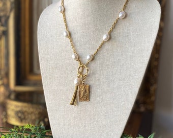 Gold Linen Crocheted Pearl Necklace with Immaculate Conception Bronze Medal and Tassel | Feast of the Assumption of Mary