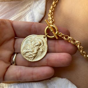 Our Lady of Perpetual Help Necklace | Handmade Bronze Clay Antique Replica | Catholic Statement Necklace | Front Toggle Rolo Chain