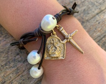 Crown of Grace Bracelet | Leather and Pearls | Dark Brown | Religious Artisan Design | Christian Gift | Holy Spirit | Crown of Thorns