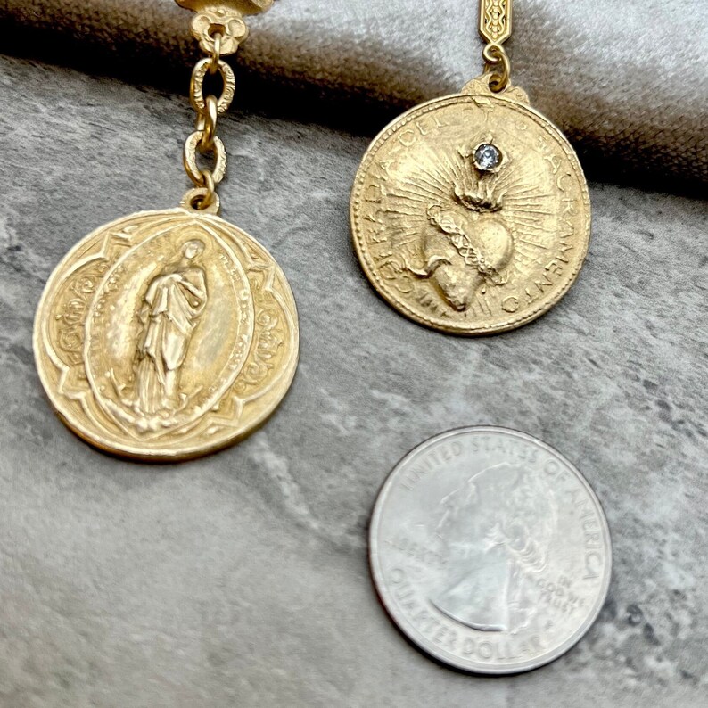 Sacred Heart of Jesus Y Drop Necklace Filigree Chain Bronze Clay Matte Gold Antique Spanish Replica Victorian Connector image 5