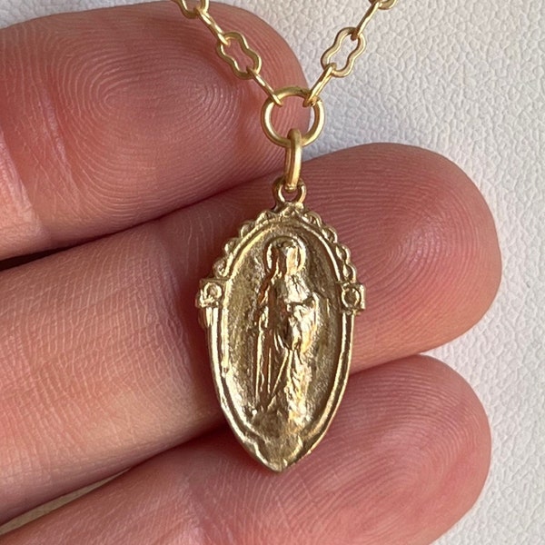 St Dymphna | Delicate Necklace | Matte Gold Chain | Bronze Clay | Antique Replica | Patron Saint Mental Illness | Crown of Grace Designs