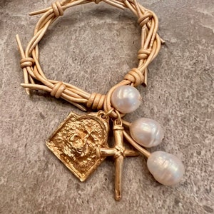 NEW COLOR Crown of Grace Bracelet | Leather and Pearls | Butter Cream Metallic | Christian Gift | Holy Spirit Inspired | Crown of Thorns