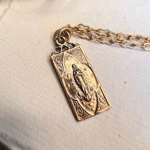 Miraculous Mary | Delicate Necklace | Matte Gold Chain | Bronze Clay | Antique Replica | French Medal | Victorian