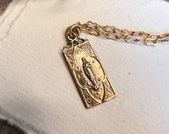 FOR LAURIE medal only Miraculous Mary | Delicate Necklace | Matte Gold Chain | Bronze Clay | Antique Replica | French Medal | Victorian