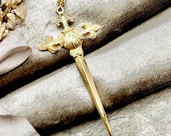 2The Camino de Santiago Cross Necklace | The Way of Saint James | Sword Cross Shell | Matte Gold | Antique Replica | Crown of Grace Designs