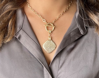 Statement Initial Necklace | Gold Bronze Clay | Front Toggle | Baroque Style | Custom | Matte Gold | Brushed Finish