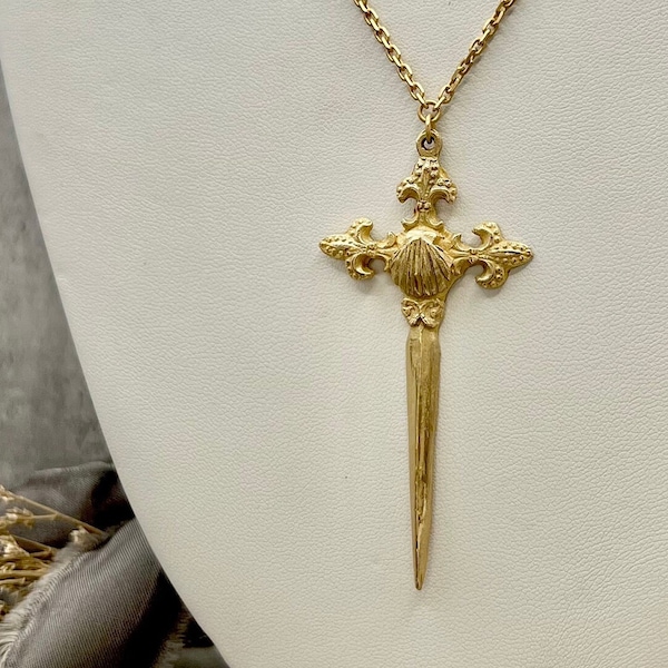 The Camino de Santiago Cross Necklace | The Way of Saint James | Sword Cross Shell | Matte Gold | Antique Replica | Crown of Grace Designs