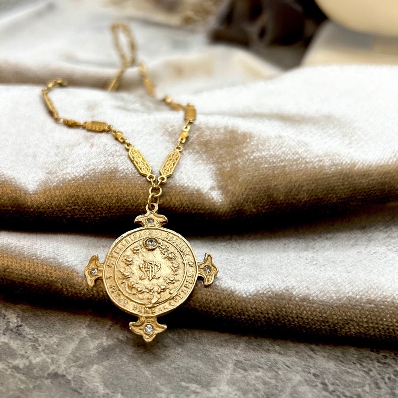 Queen of the Holy Rosary Cross Necklace Antique French Replica Crown of Grace Designs image 5