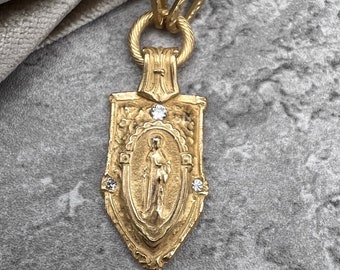 Saint Dymphna Necklace | Bronze Clay | Patron Saint of Mental Illness | Matte Gold Finish | Arrowhead Shape