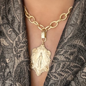 Large Victorian Miraculous Mary | Statement Necklace | Bronze Clay | Matte Gold | Antique Replica | Catholic Medal